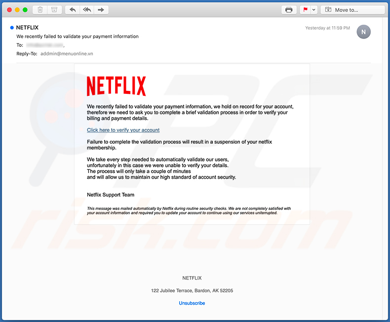 Netflix-themed scam email (2020-05-14)