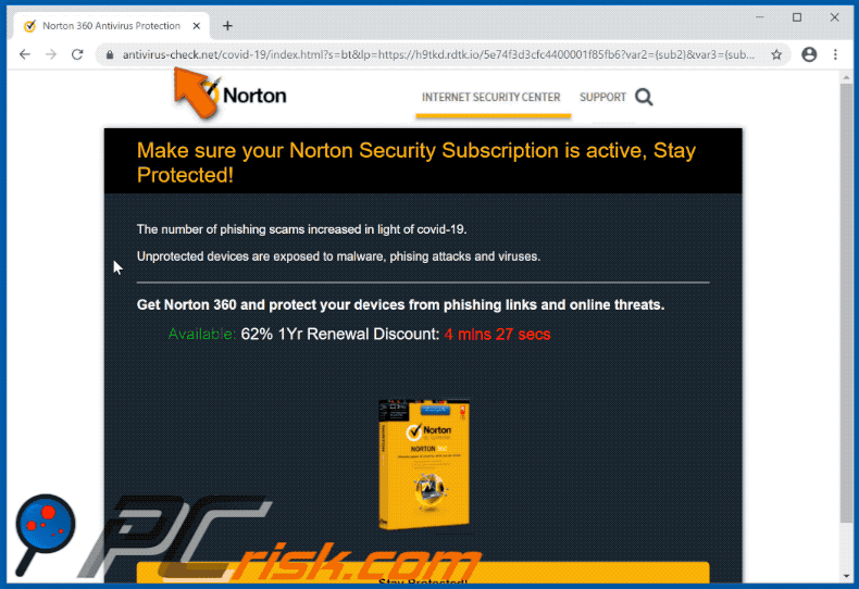 antivirus-check.net website delivering Norton Subscription Has Expired Today pop-up scam