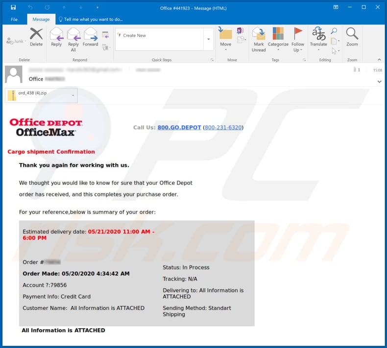 Office Depot Email Virus malware-spreading email spam campaign