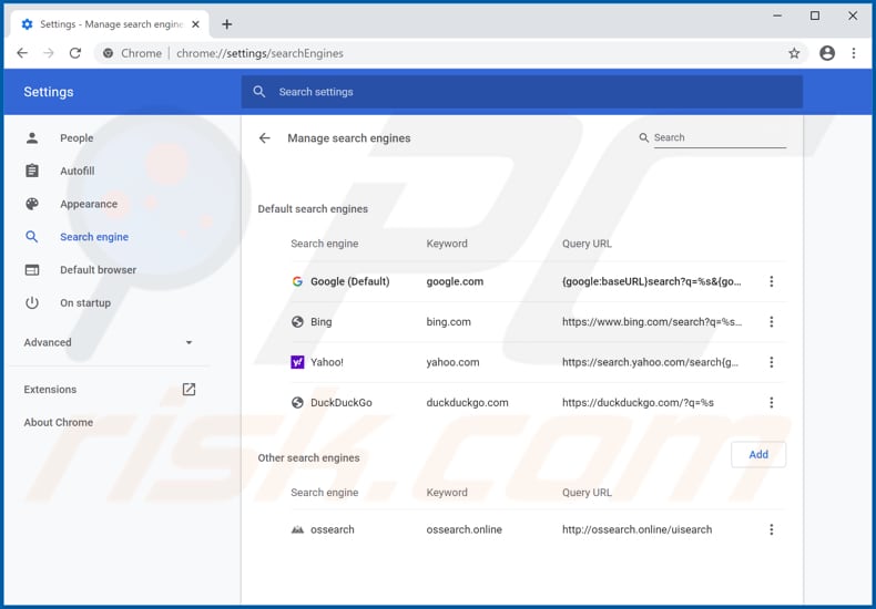 Removing ossearch.online from Google Chrome default search engine