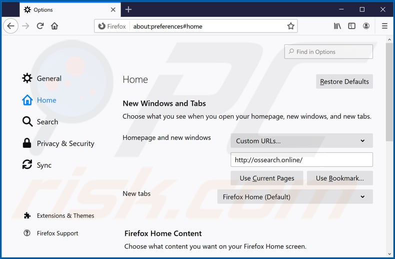 Removing ossearch.online from Mozilla Firefox homepage