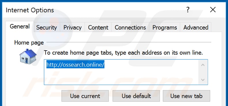 Removing ossearch.online from Internet Explorer homepage