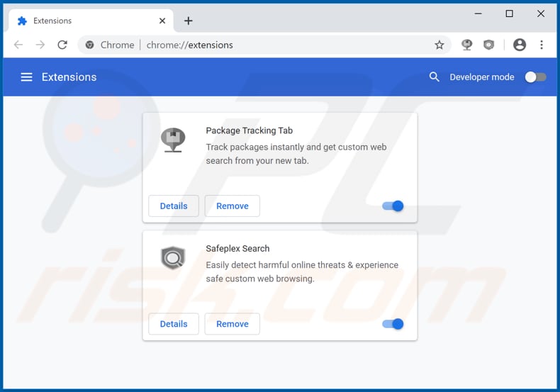 Removing packagetrackingtab.com related Google Chrome extensions