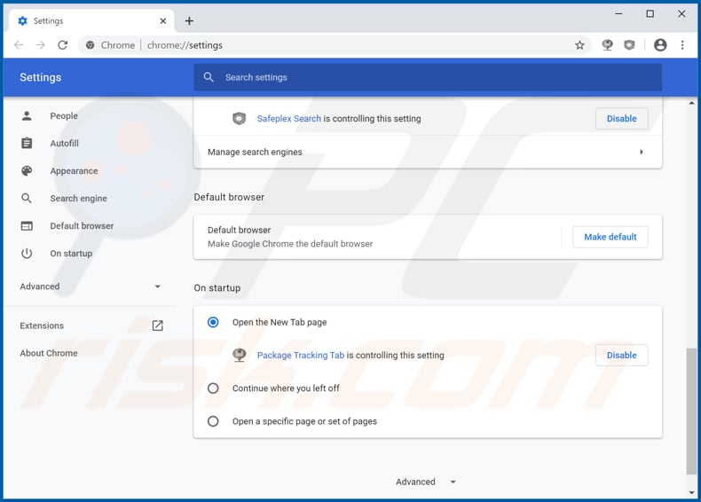 Removing packagetrackingtab.com from Google Chrome homepage
