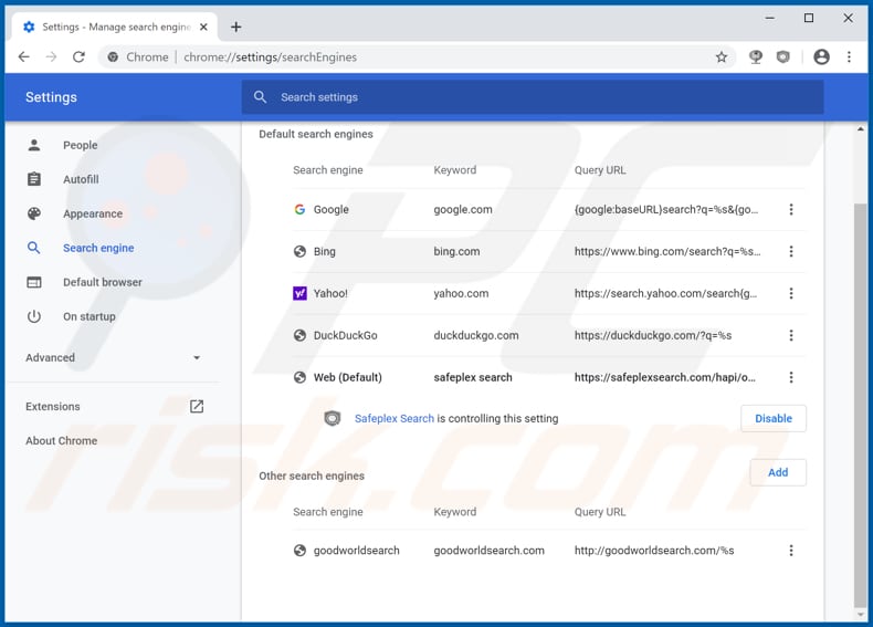 Removing packagetrackingtab.com from Google Chrome default search engine