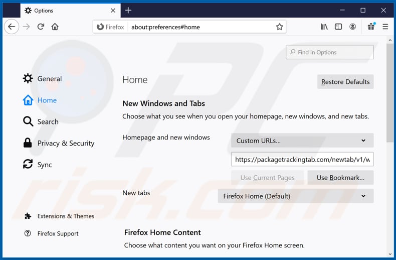 Removing packagetrackingtab.com from Mozilla Firefox homepage