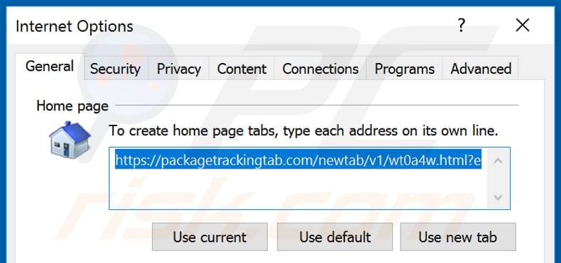 Removing packagetrackingtab.com from Internet Explorer homepage