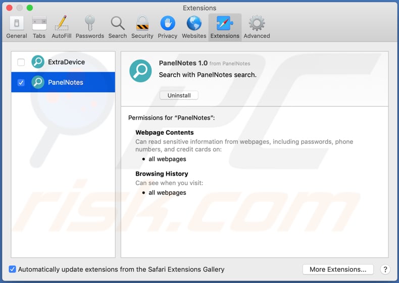 panelnotes adware safari extension