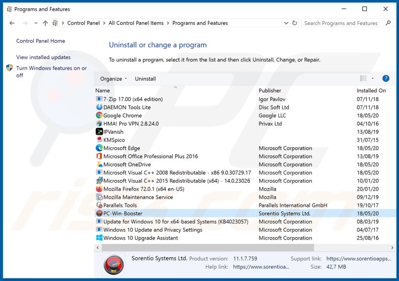 PC Win Booster adware uninstall via Control Panel