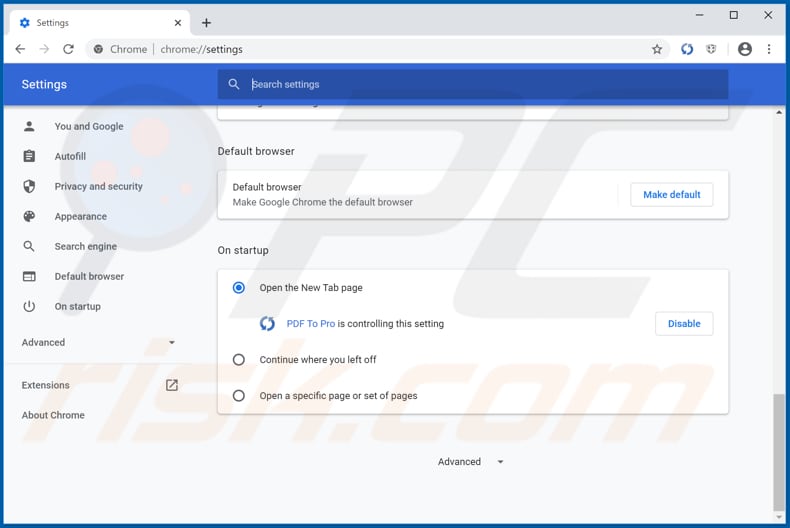 Removing hpdftopro.com from Google Chrome homepage