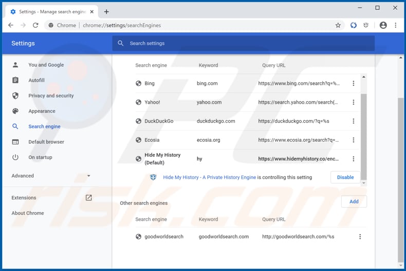 Removing hpdftopro.com from Google Chrome default search engine