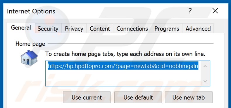 Removing hpdftopro.com from Internet Explorer homepage