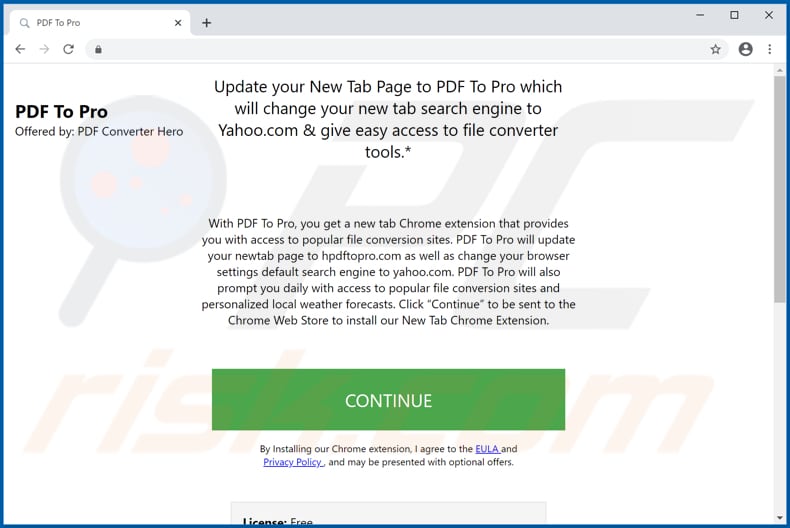 Website used to promote PDF To Pro browser hijacker