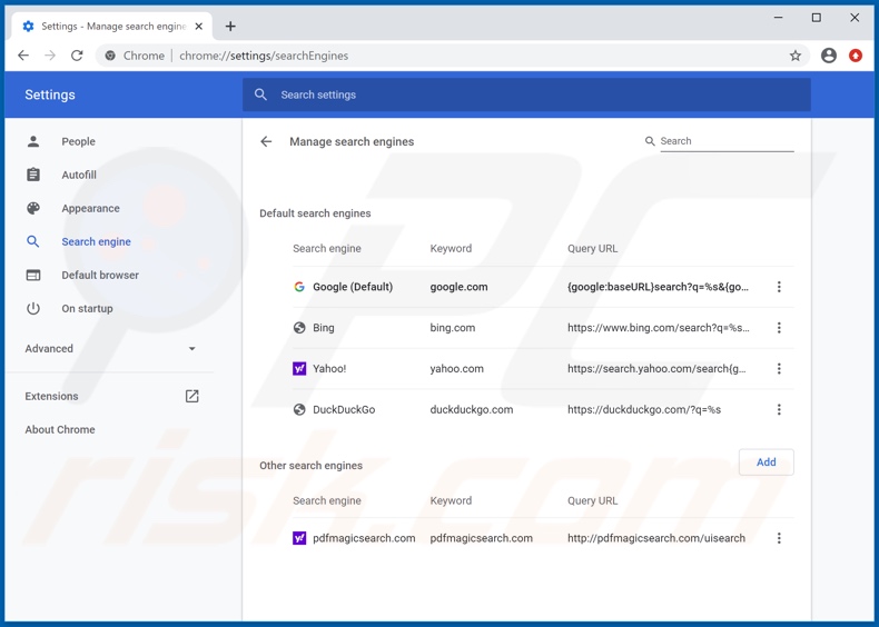 Removing pdfmagicsearch.com from Google Chrome default search engine