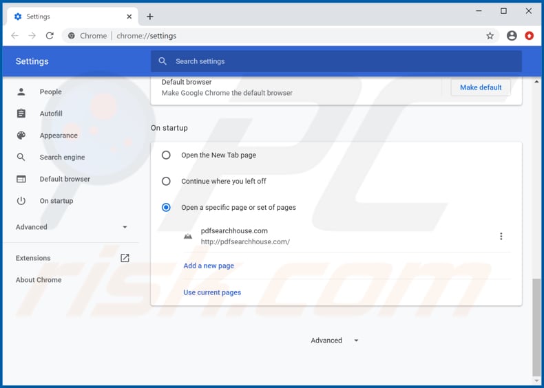 Removing pdfsearchhouse.com from Google Chrome homepage