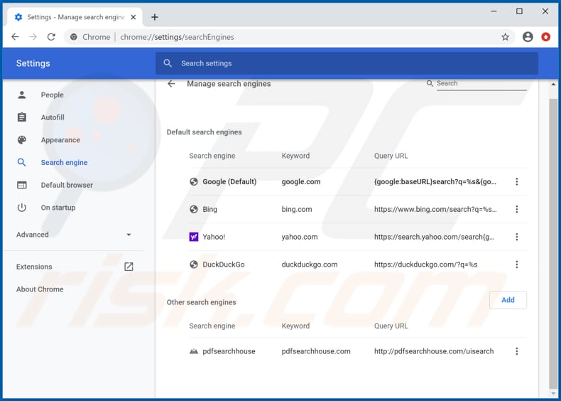 Removing pdfsearchhouse.com from Google Chrome default search engine