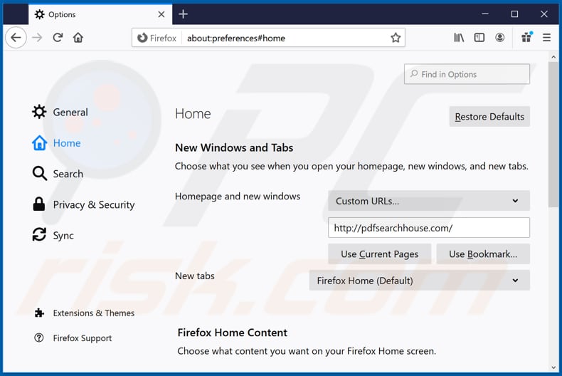Removing pdfsearchhouse.com from Mozilla Firefox homepage