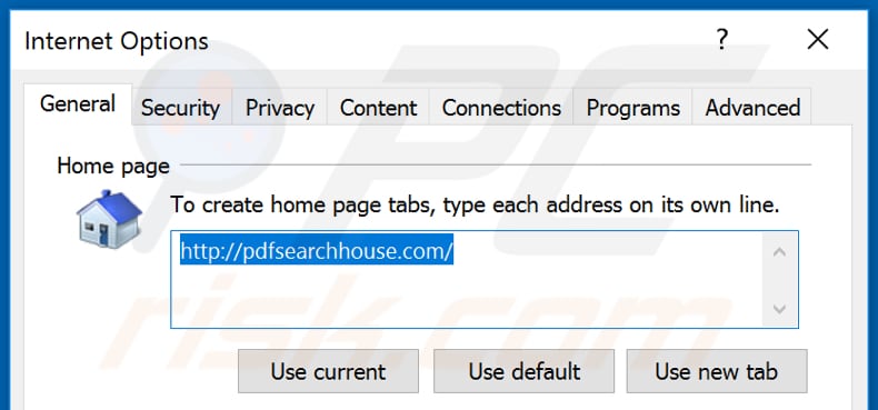 Removing pdfsearchhouse.com from Internet Explorer homepage