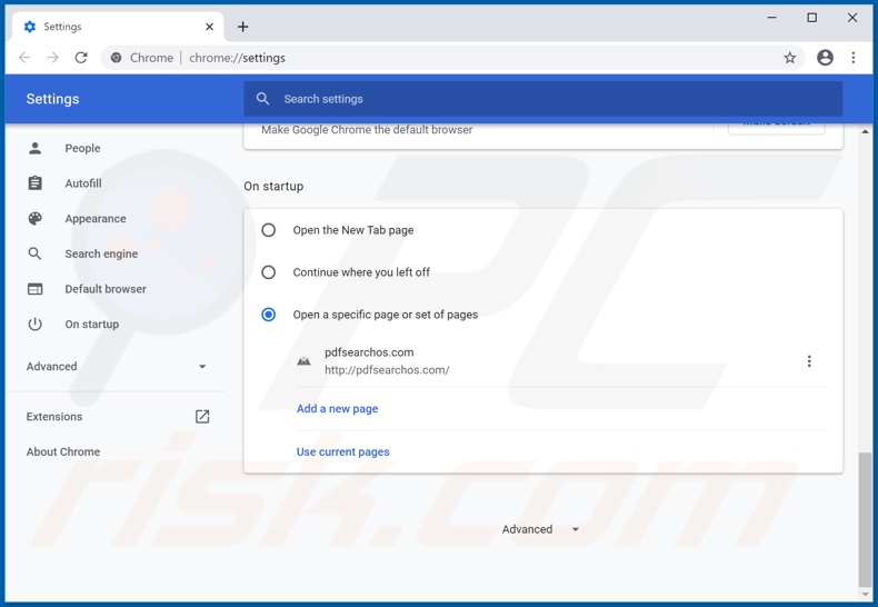 Removing pdfsearchos.com from Google Chrome homepage