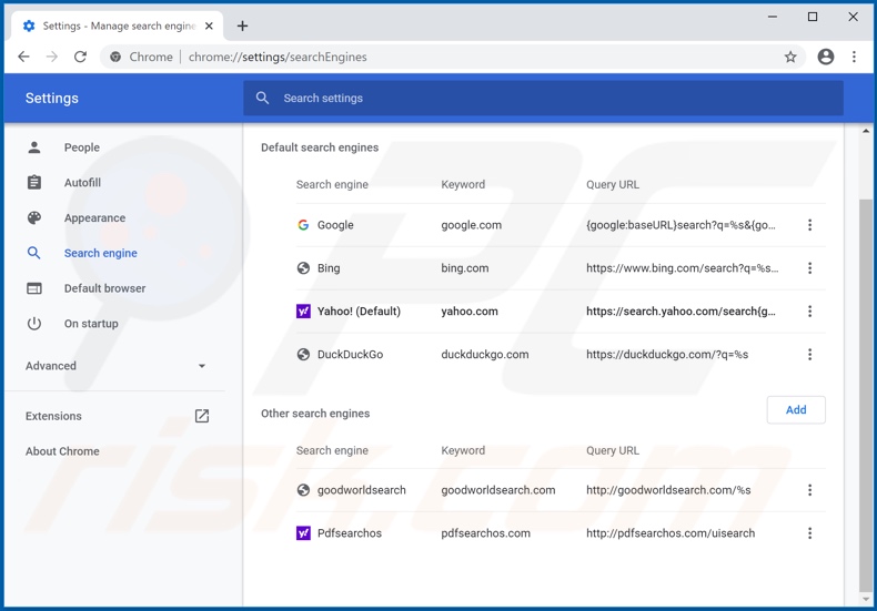 Removing pdfsearchos.com from Google Chrome default search engine