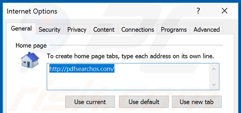 Removing pdfsearchos.com from Internet Explorer homepage