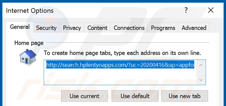 Removing hplentyoapps.com from Internet Explorer homepage