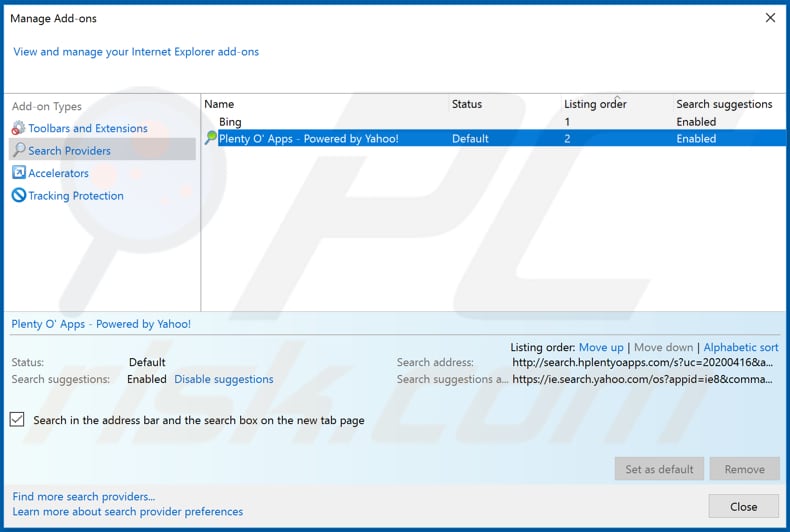 Removing hplentyoapps.com from Internet Explorer default search engine