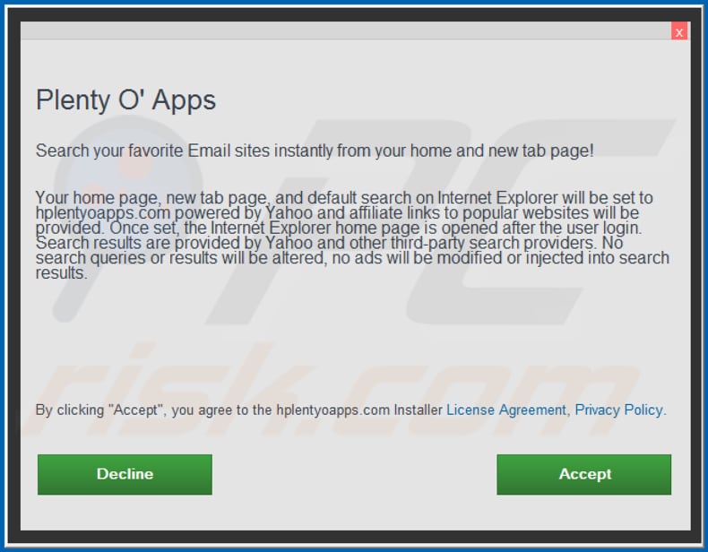 Official Plenty O' Apps browser hijacker installation setup