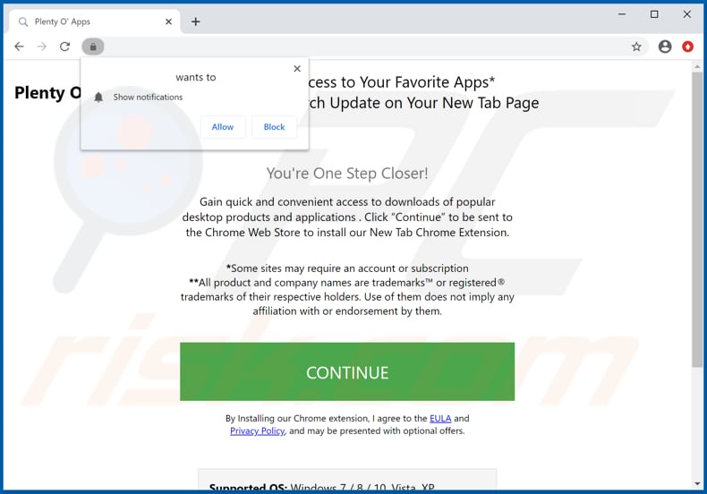 Website used to promote Plenty O' Apps browser hijacker