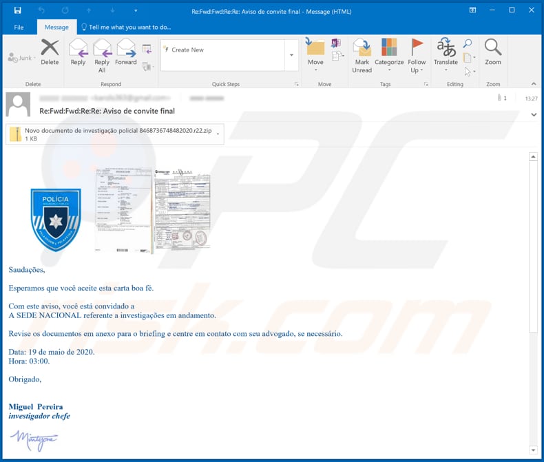 Polícia de Segurança Pública malware-spreading email spam campaign