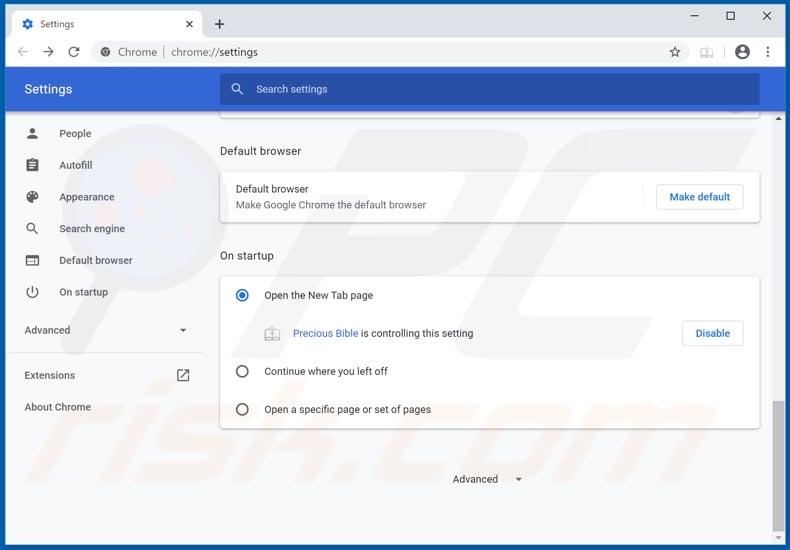 Removing preciousbible.com from Google Chrome homepage
