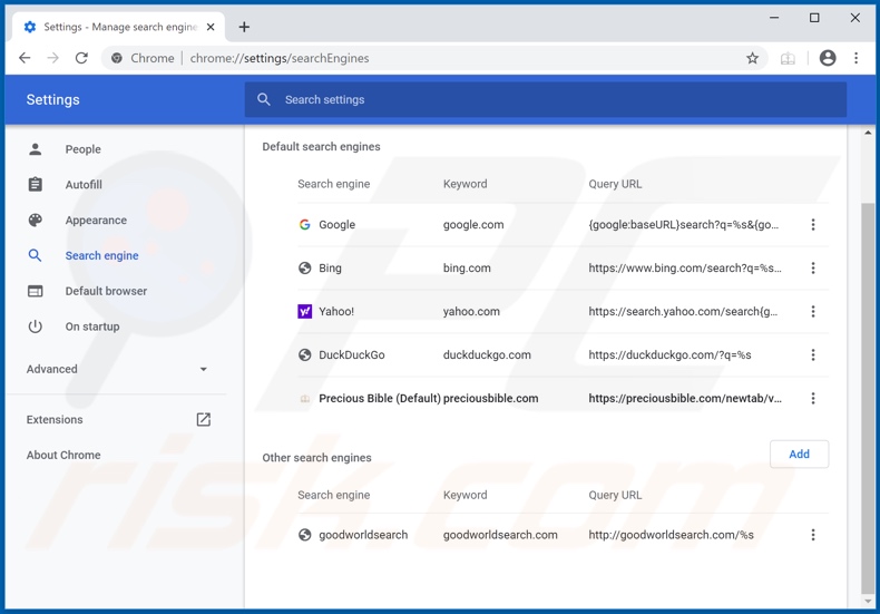 Removing preciousbible.com from Google Chrome default search engine