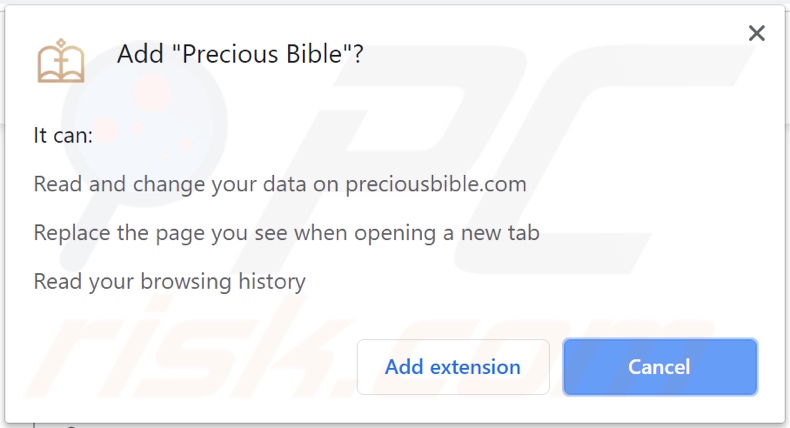 Precious Bible browser hijacker asking for permissions