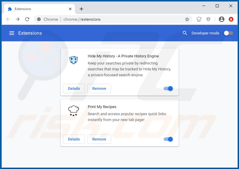 Removing hprintmyrecipes.com related Google Chrome extensions