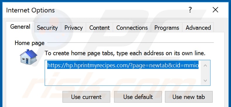 Removing hprintmyrecipes.com from Internet Explorer homepage