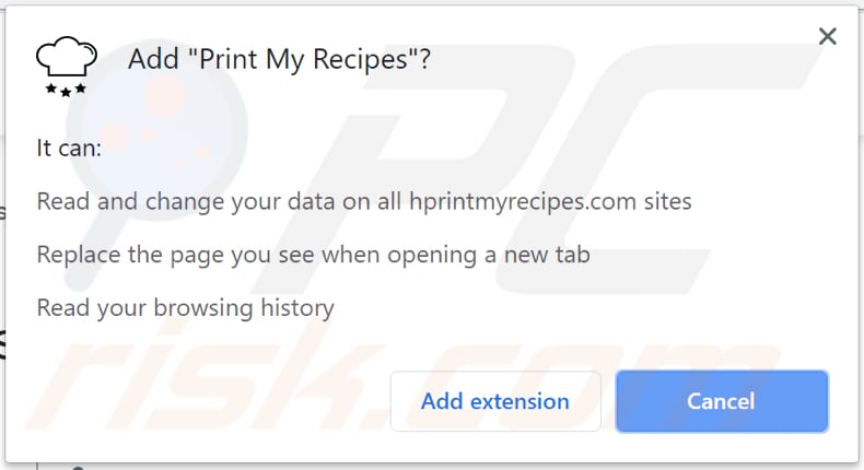 print my recipes browser hijacker asks for a permission to be installed