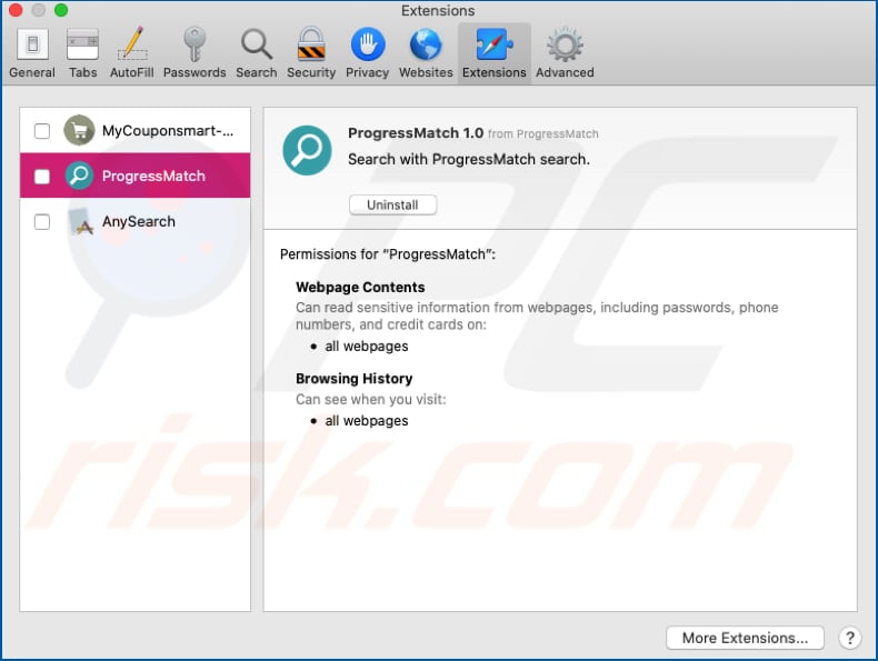progressmatch adware installed on safari browser