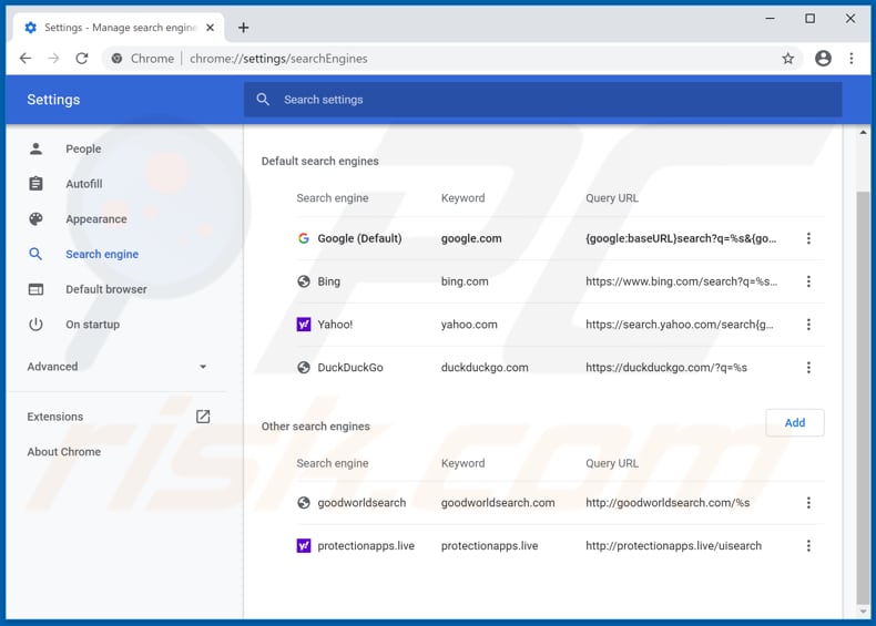 Removing protectionapps.live from Google Chrome default search engine