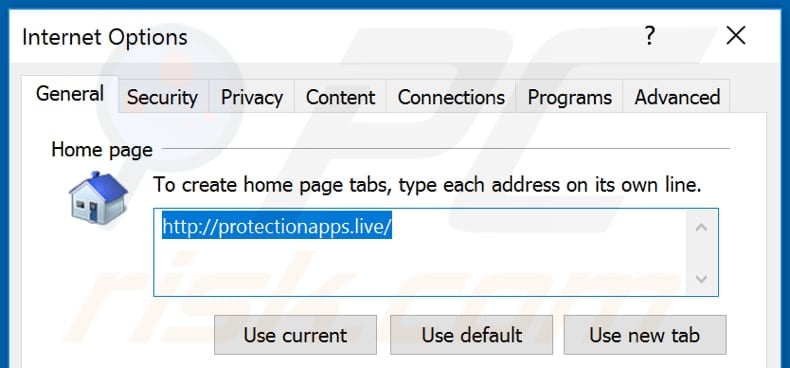 Removing protectionapps.live from Internet Explorer homepage