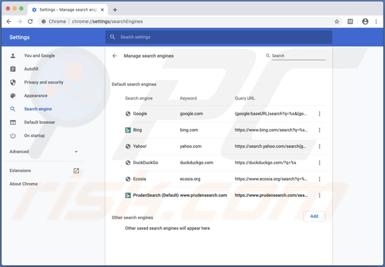 prudensearch.com assigined as default search engine in chrome settings