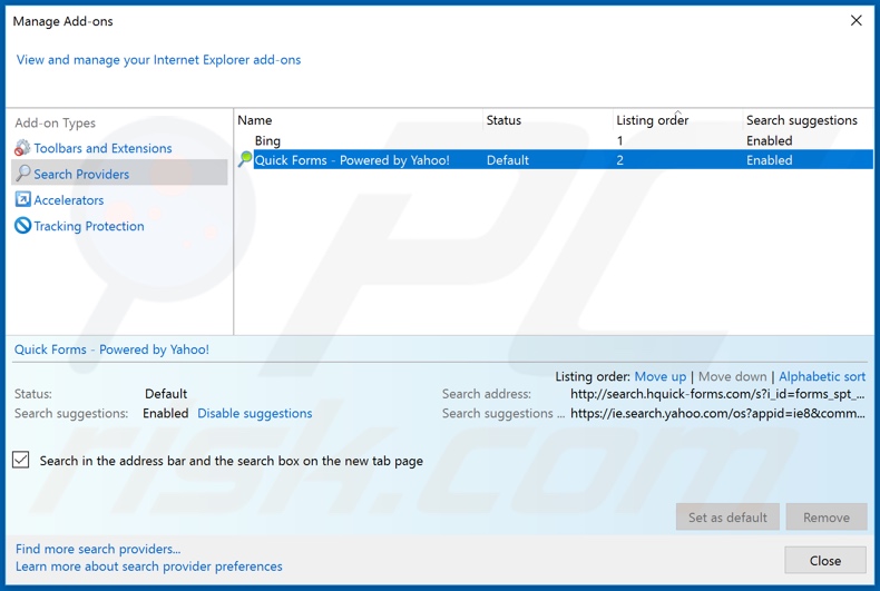 Removing hquick-forms.com from Internet Explorer default search engine