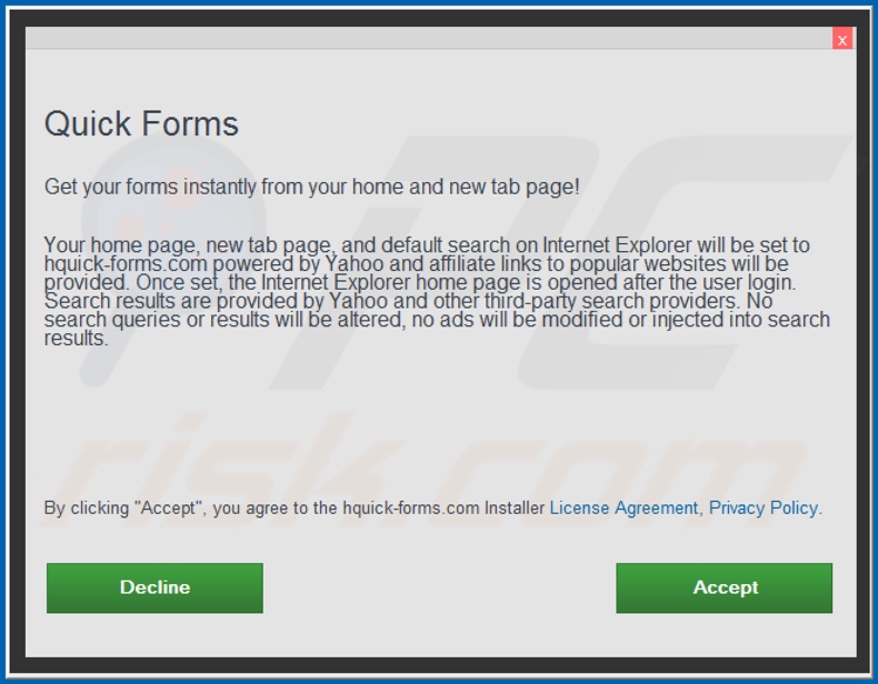 Official Quick Forms browser hijacker installation setup