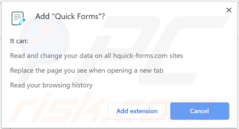 Quick Forms browser hijacker asking for permissions