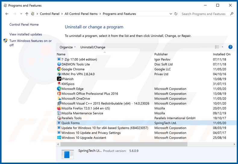 hquick-forms.com browser hijacker uninstall via Control Panel