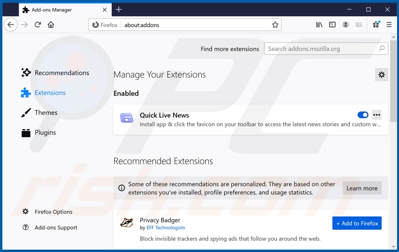 Removing quicklivenews.com related Mozilla Firefox extensions