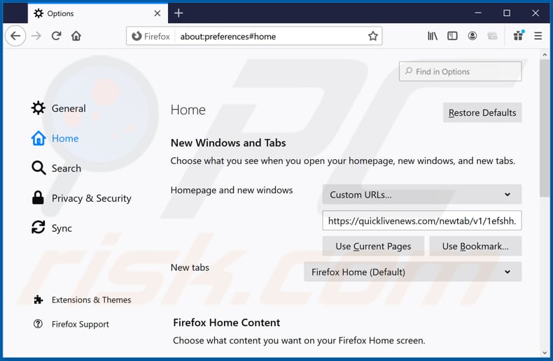 Removing quicklivenews.com from Mozilla Firefox homepage