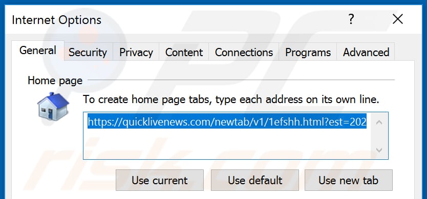 Removing quicklivenews.com from Internet Explorer homepage
