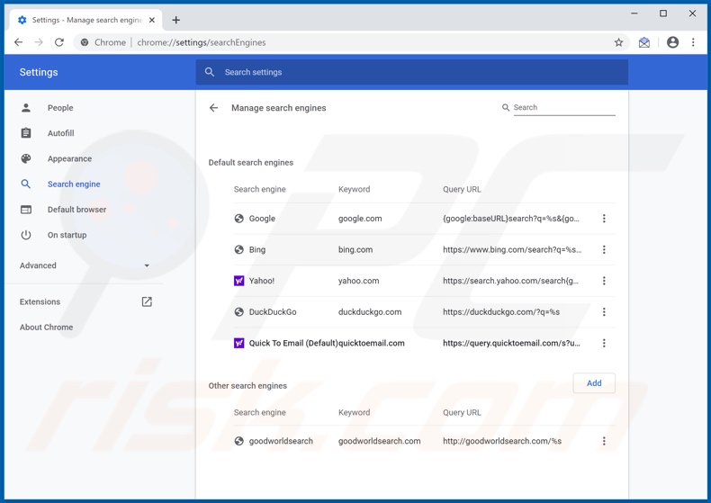Removing quicktoemail.com from Google Chrome default search engine