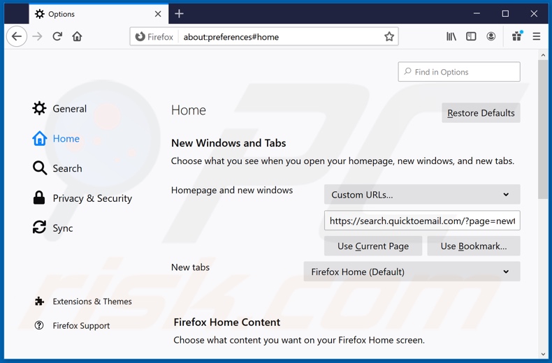 Removing quicktoemail.com from Mozilla Firefox homepage