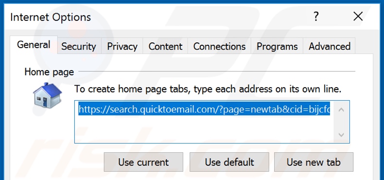 Removing quicktoemail.com from Internet Explorer homepage
